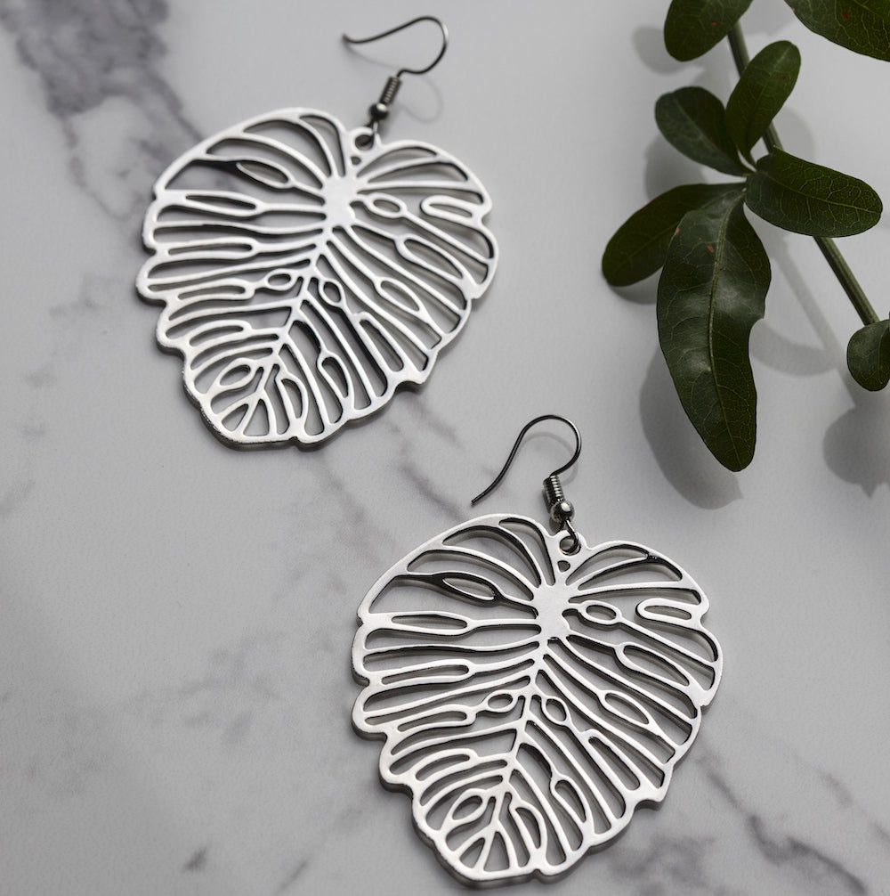 Silver leaf shaped earrings on sale