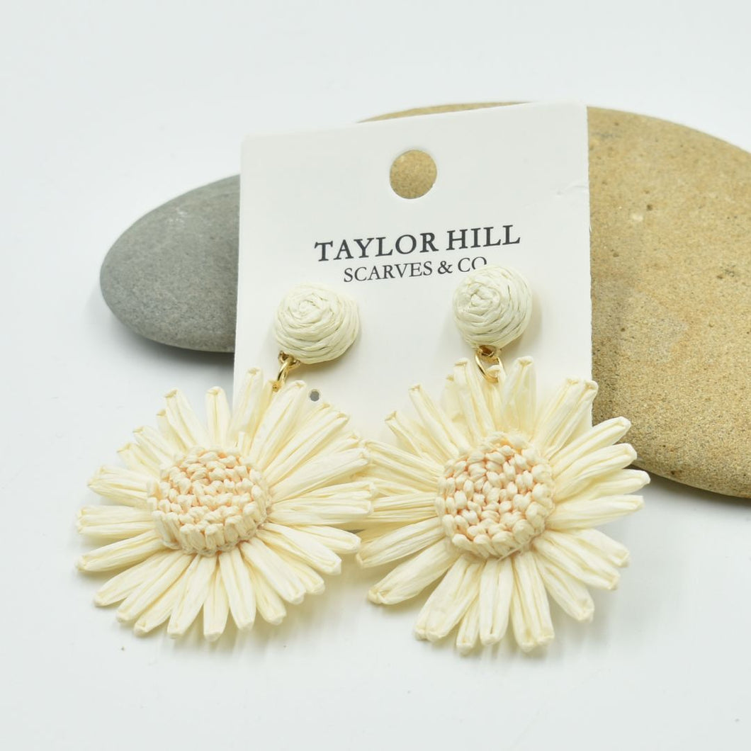 THSE1098: Milk White: Raffia Flower Earrings