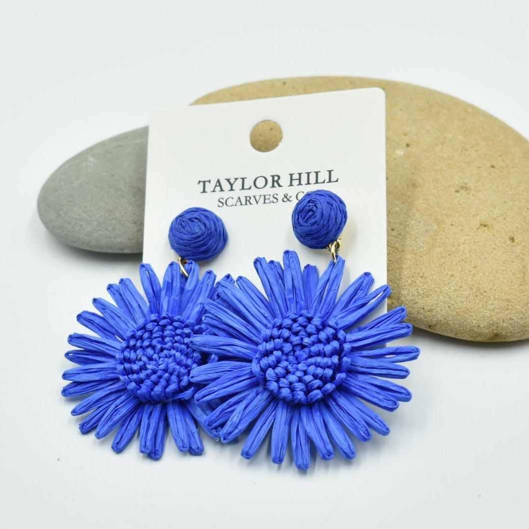 THSE1099: Blue: Raffia Flower Earrings