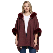 Load image into Gallery viewer, THSP1042: Burgundy: Faux Fur Hooded Poncho
