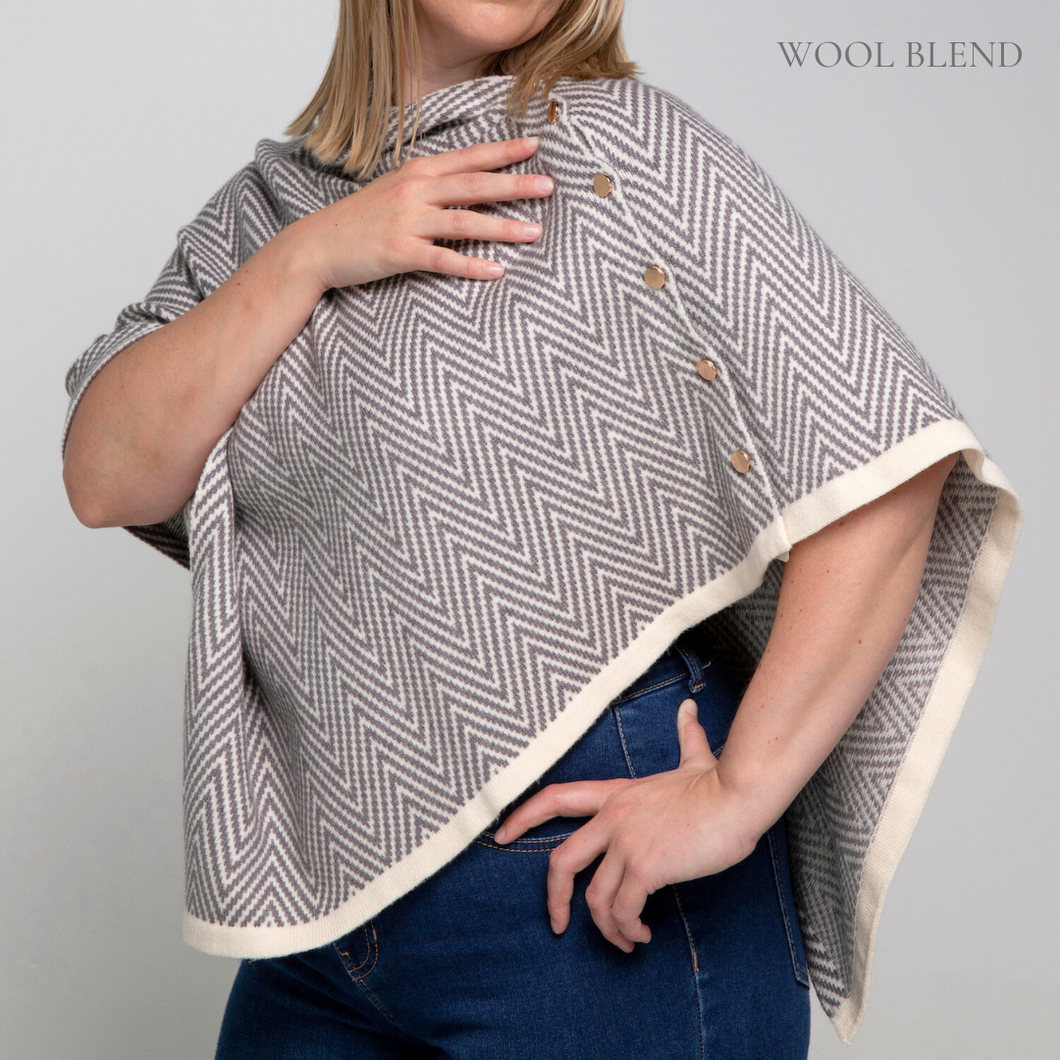 Herringbone w Button Poncho | Grey