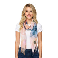 Load image into Gallery viewer, THSS2823: Brown Teal: Watercolour Floral Fringed Scarf
