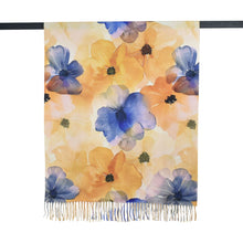 Load image into Gallery viewer, THSS2825: Yellow Blue: Watercolour Floral Fringed Scarf
