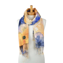 Load image into Gallery viewer, THSS2825: Yellow Blue: Watercolour Floral Fringed Scarf
