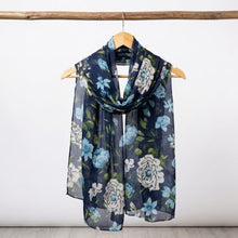 Load image into Gallery viewer, THSS2884: Navy Blue: Peony Rose Garden Scarf
