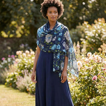 Load image into Gallery viewer, THSS2884: Navy Blue: Peony Rose Garden Scarf
