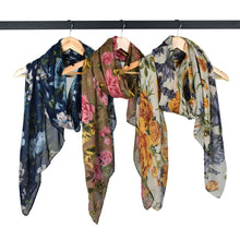Load image into Gallery viewer, THSS2884: Navy Blue: Peony Rose Garden Scarf
