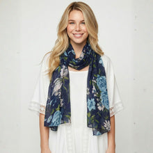 Load image into Gallery viewer, THSS2884: Navy Blue: Peony Rose Garden Scarf
