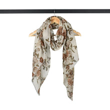 Load image into Gallery viewer, THSS2889: White Brown: Vintage Rose Garden Scarf
