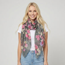 Load image into Gallery viewer, THSS2890: Grey Pink: Vintage Rose Garden Scarf

