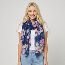 Load image into Gallery viewer, THSS2891: Navy Pink: Vintage Rose Garden Scarf

