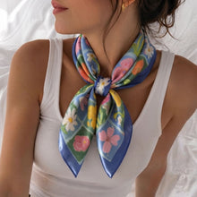 Load image into Gallery viewer, THSS2914: Blue: Floral Checkered Square Scarf
