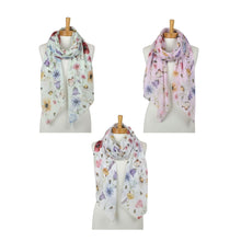 Load image into Gallery viewer, THSS2961: White: Butterflies, Bees, Flowers Scarf
